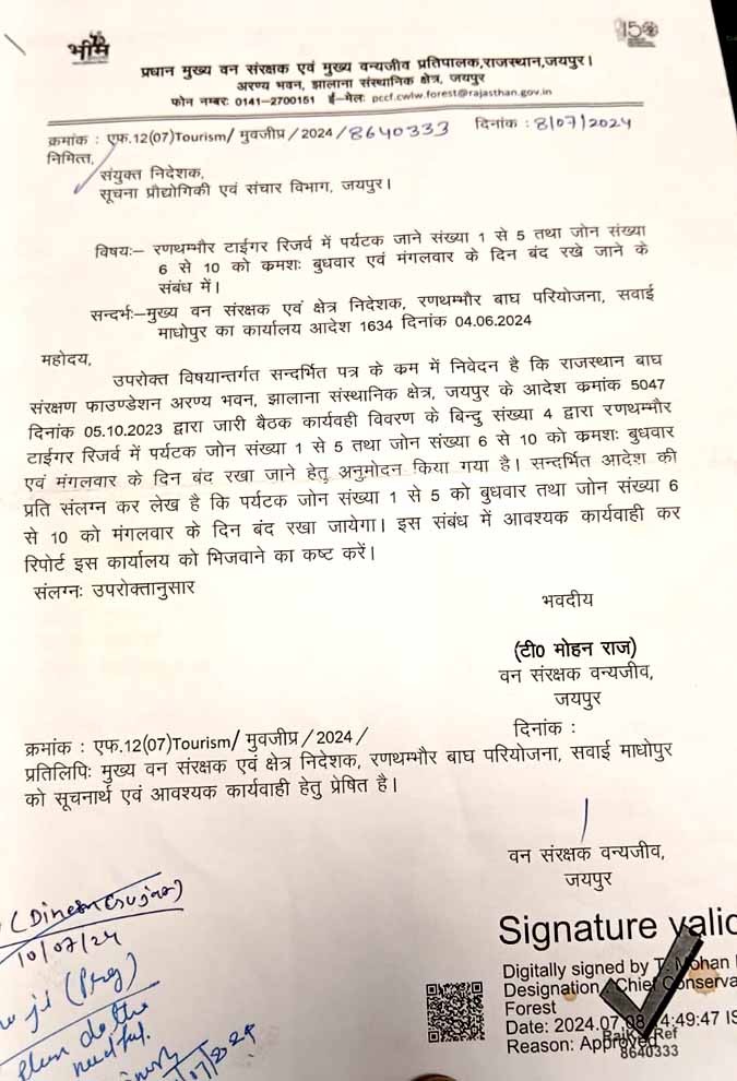 Copy of the order of rescheduling of closed days by Ranthambore Forest Department